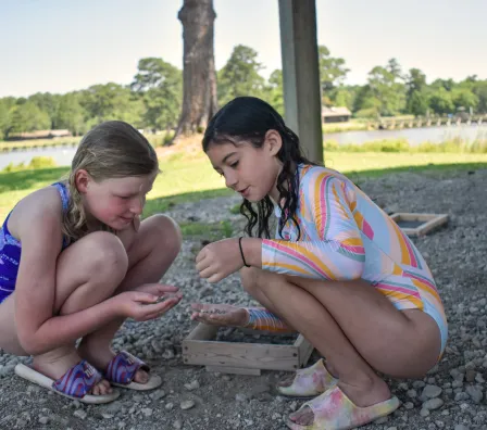 Two girls searching for fossils in the fossil area