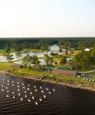 aerial view of Camp Seafarer with boats lined up