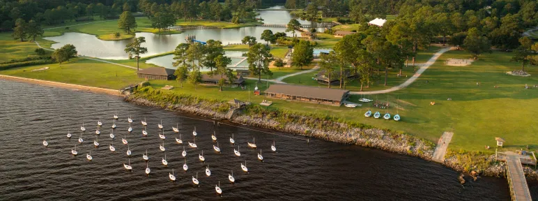 aerial view of Camp Seafarer with boats lined up