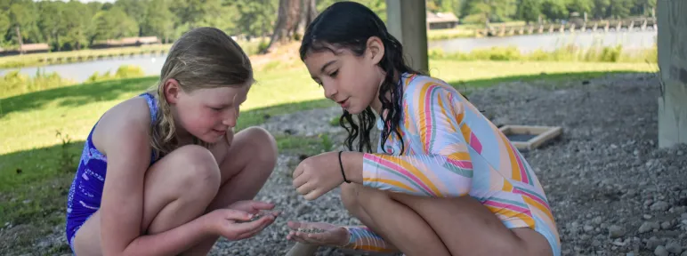 Two girls searching for fossils in the fossil area