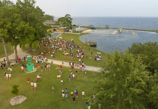 Drone shot of the Camp Sea Gull campus with group gathering